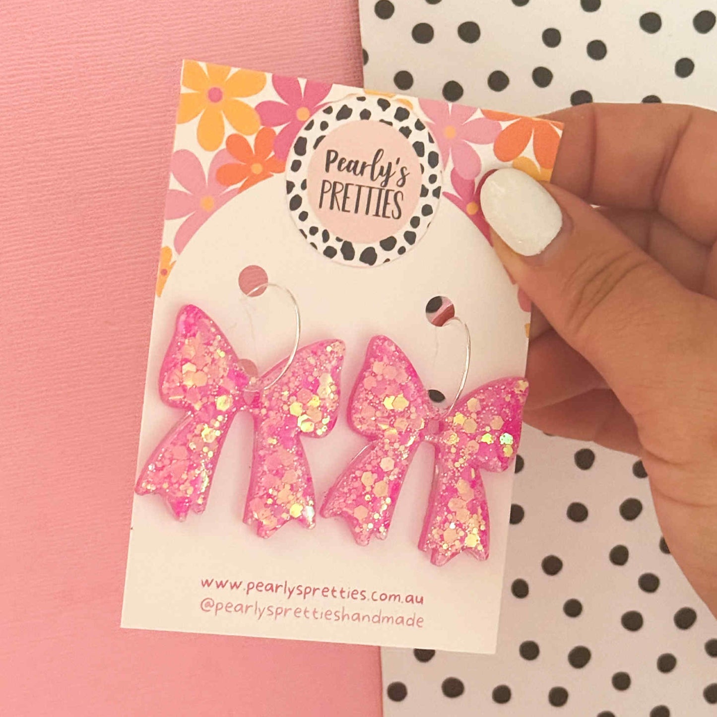 Bonnie Bow dangle hoop earrings- pretty pink sparkle