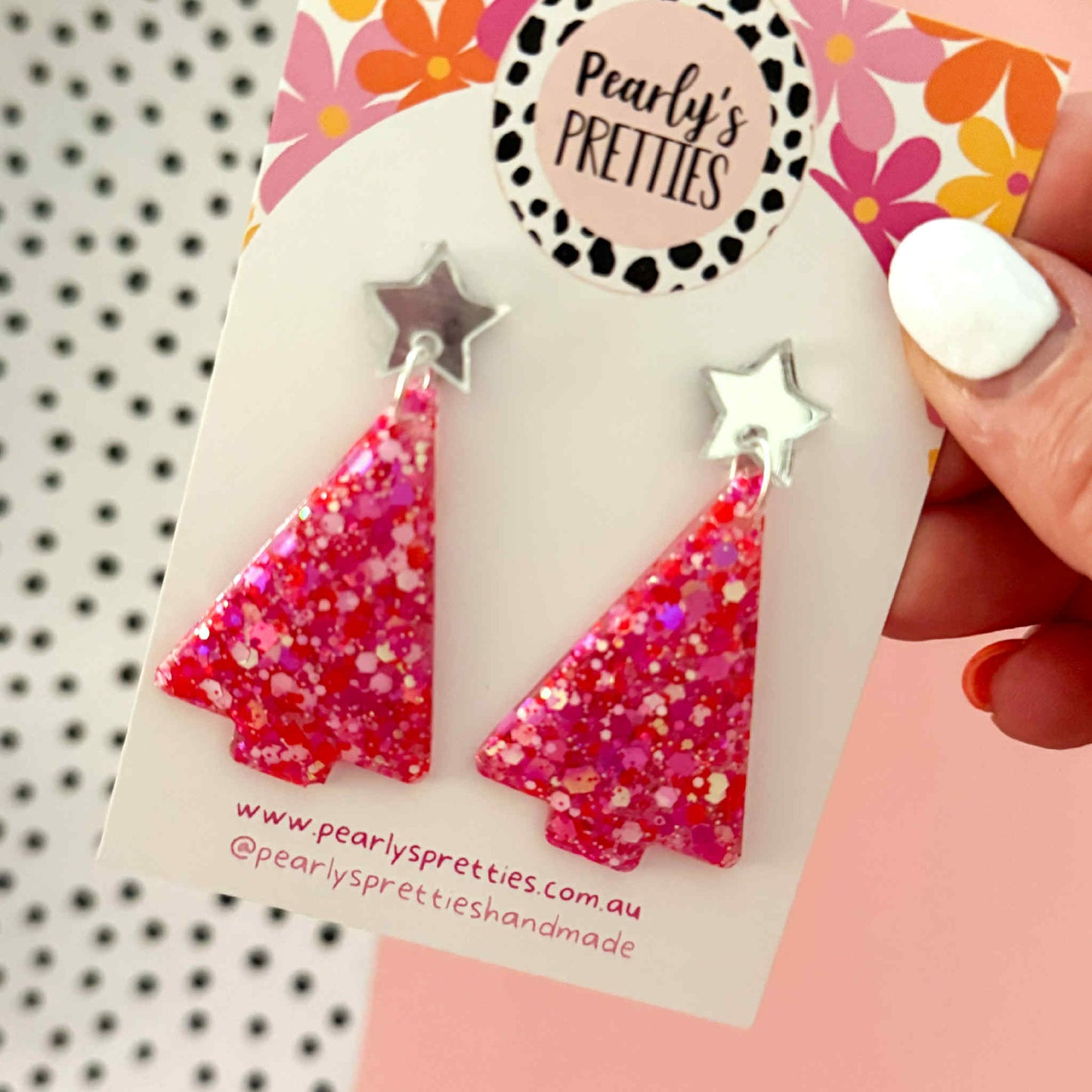 Pink and red Christmas tree dangle earrings- star top