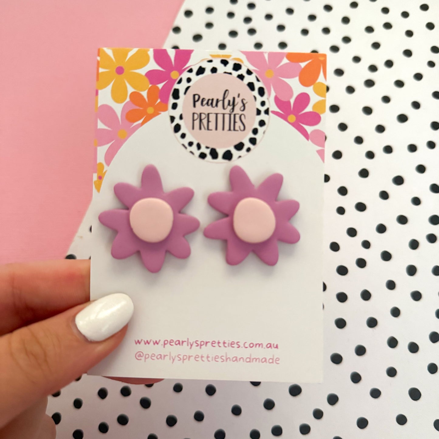 Daisy Daze Polymer Clay statement stud earrings - purple/pink