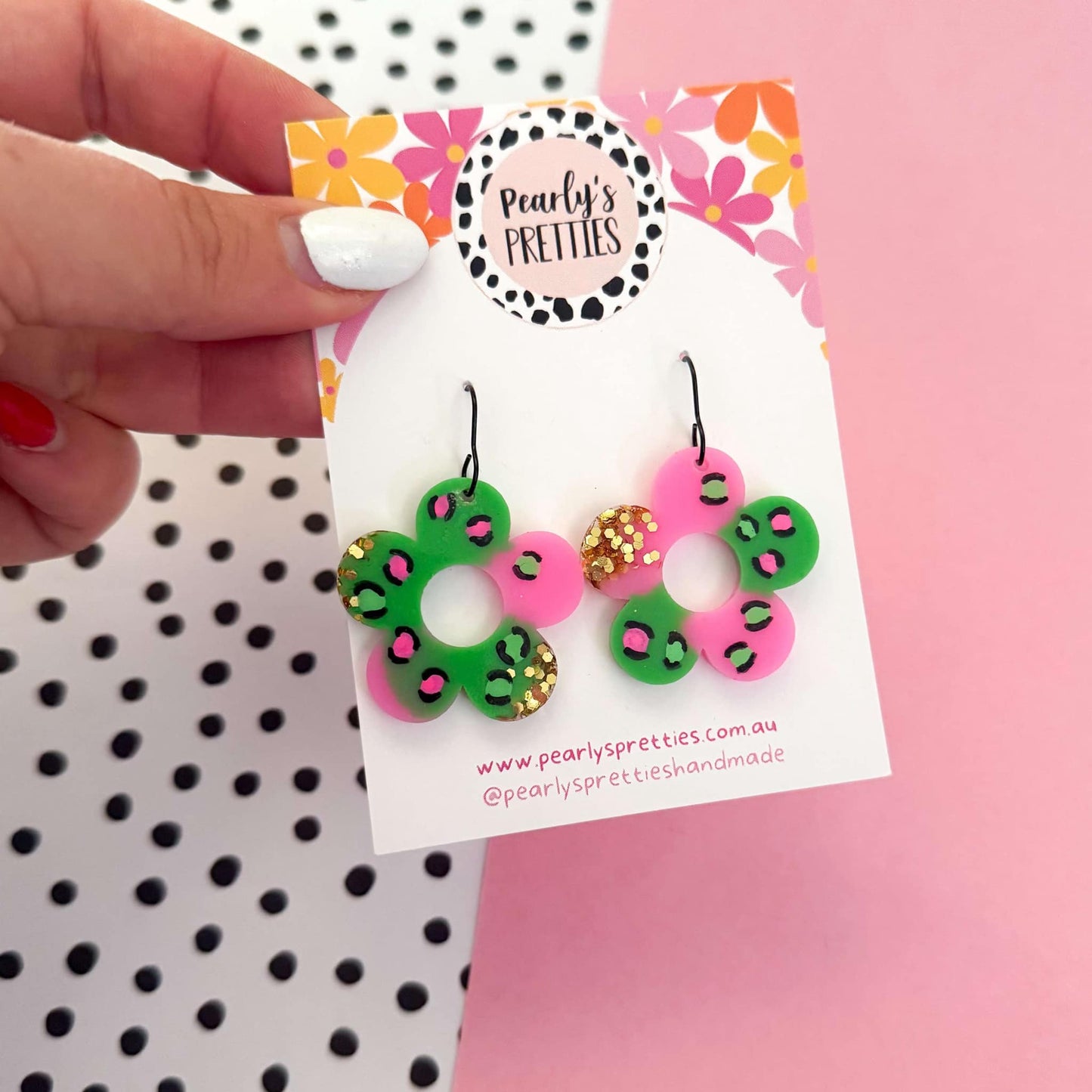 Bloom hook earrings pink and green- GP02