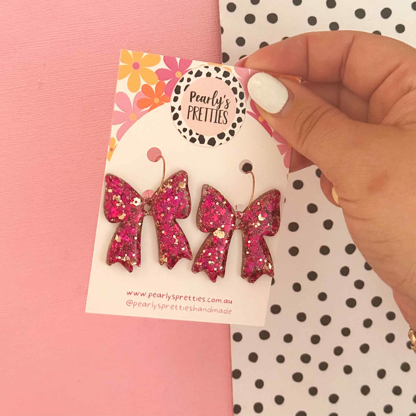 Bonnie Bow dangle hoop earrings- Magenta and gold glitter
