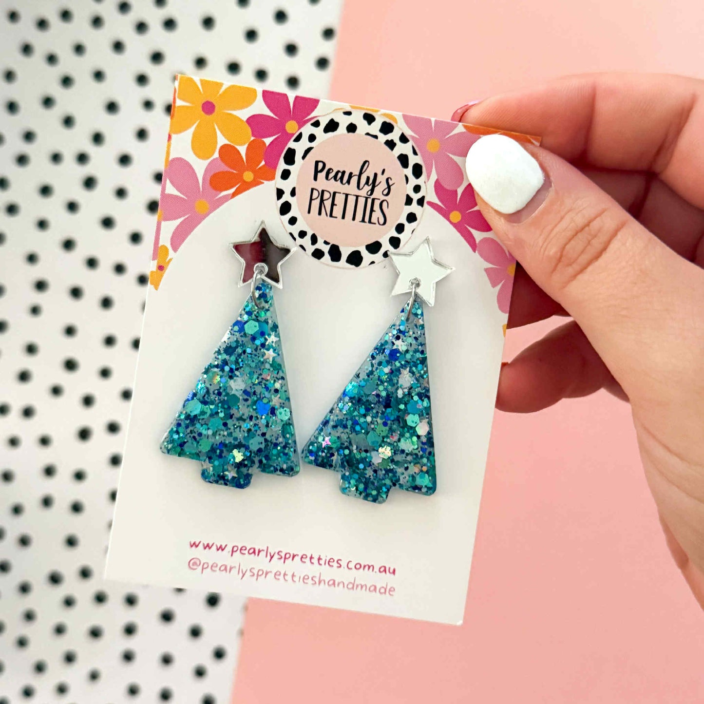 Blue Christmas tree dangle earrings- star top