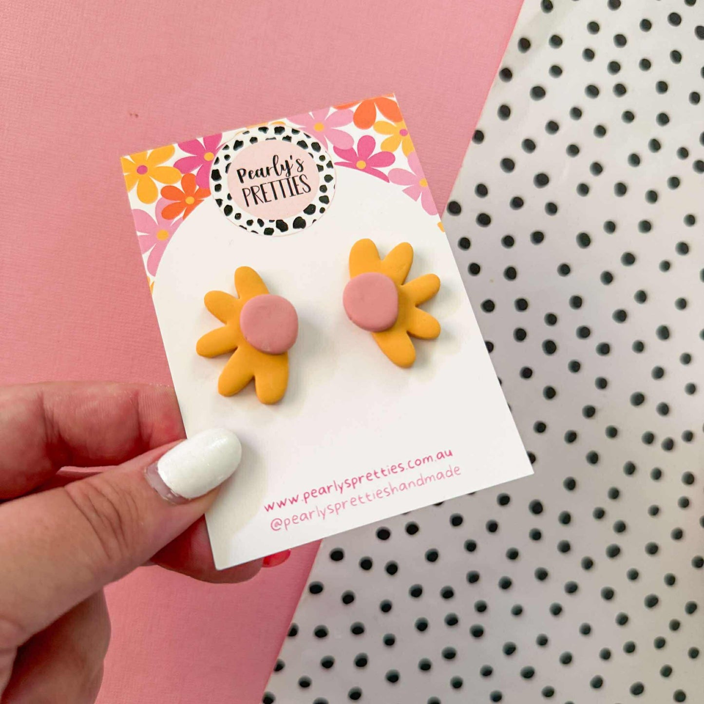 Daisy Daze Polymer Clay statement Stud earring - Mustard/Dusty Pink