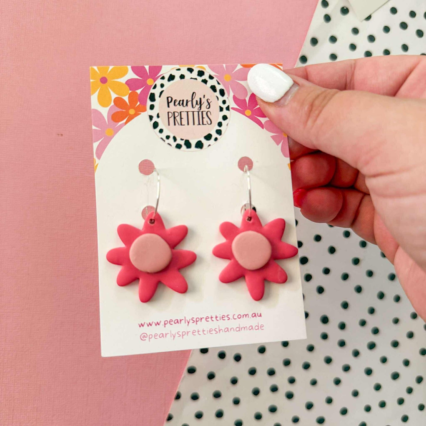 Daisy Daze Polymer Clay Dangle hoop earrings - Dark pink/dusty pink