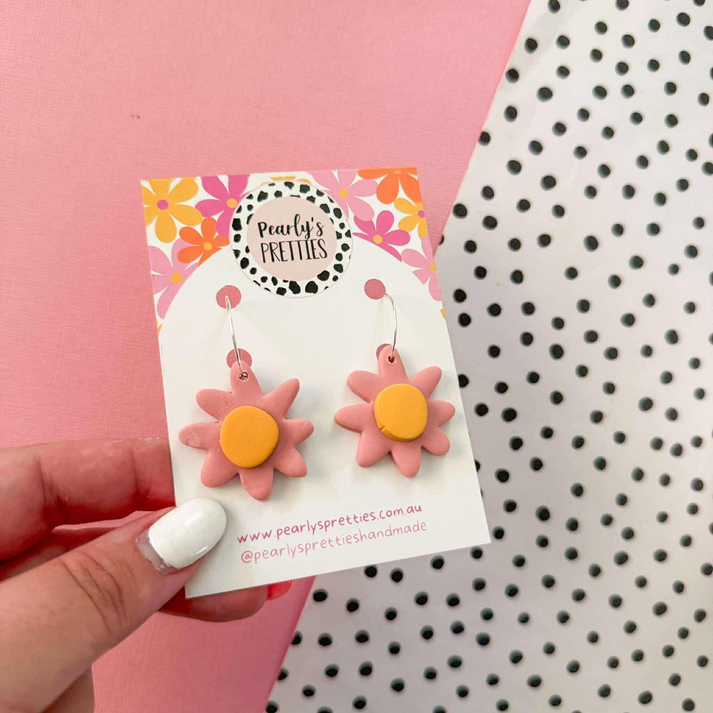 Daisy Daze Polymer Clay Dangle hoop earrings - Dusty Pink/mustard