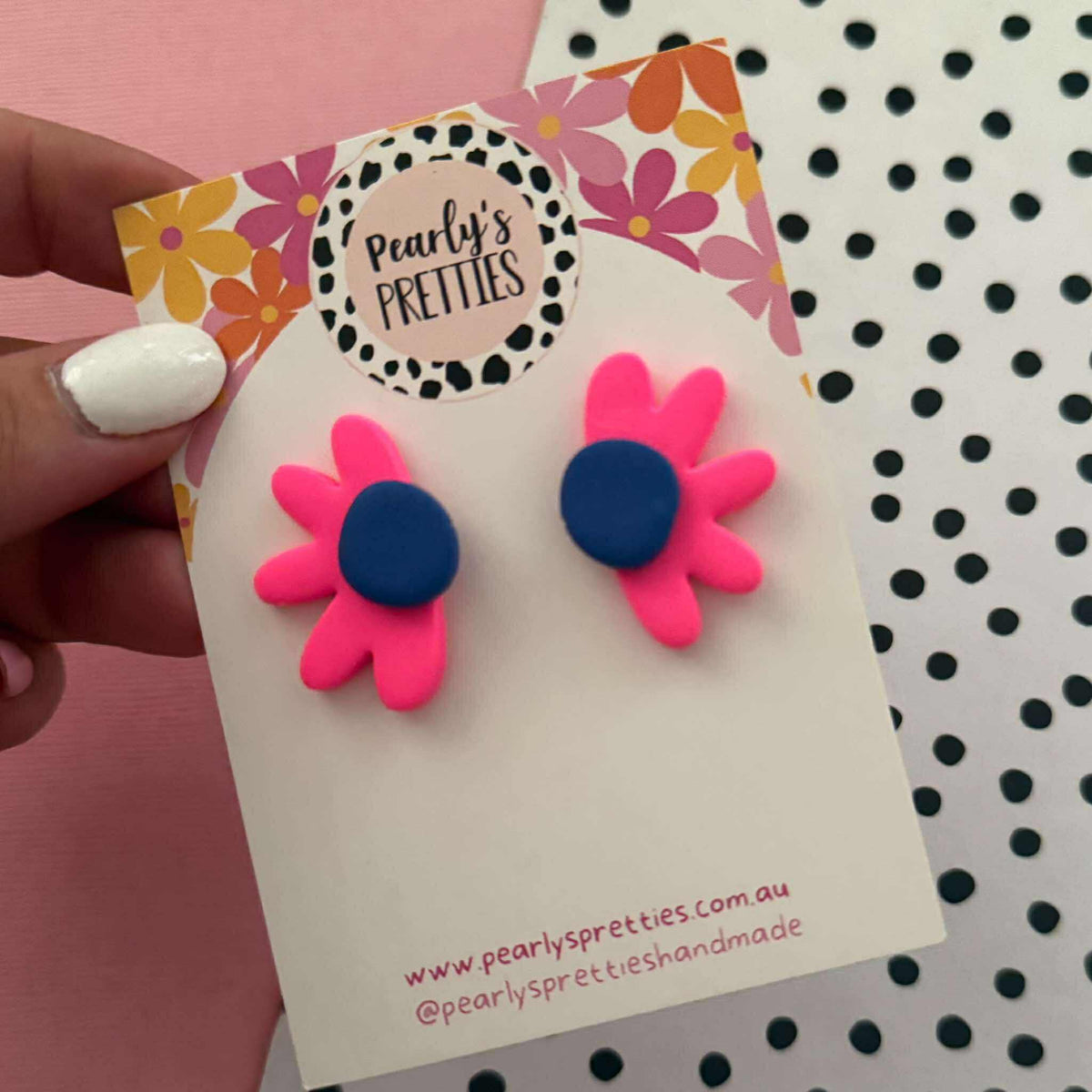 Daisy Daze Polymer Clay statement Stud earring - Fluro Pink/blue