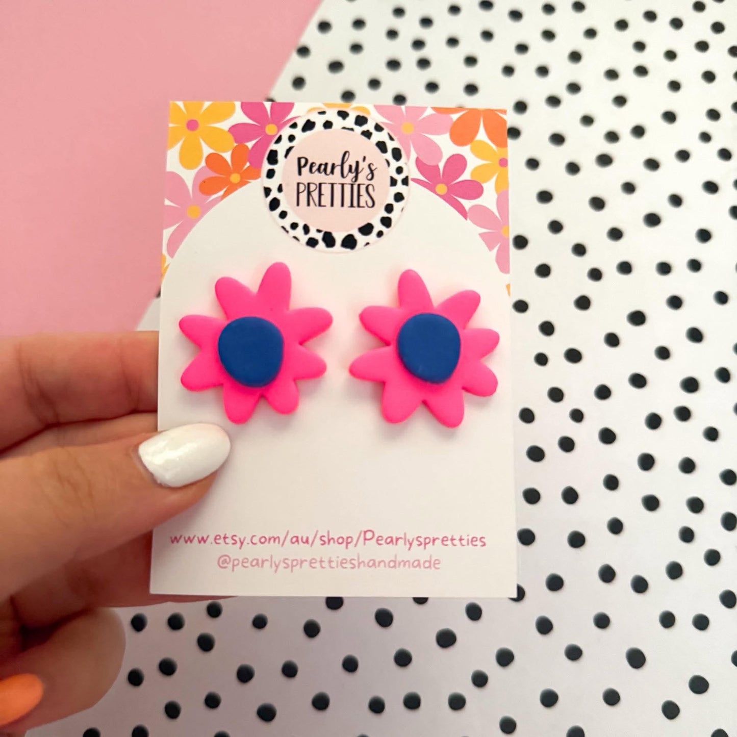 Daisy Daze Polymer Clay statement stud earrings - Fluro pink/blue