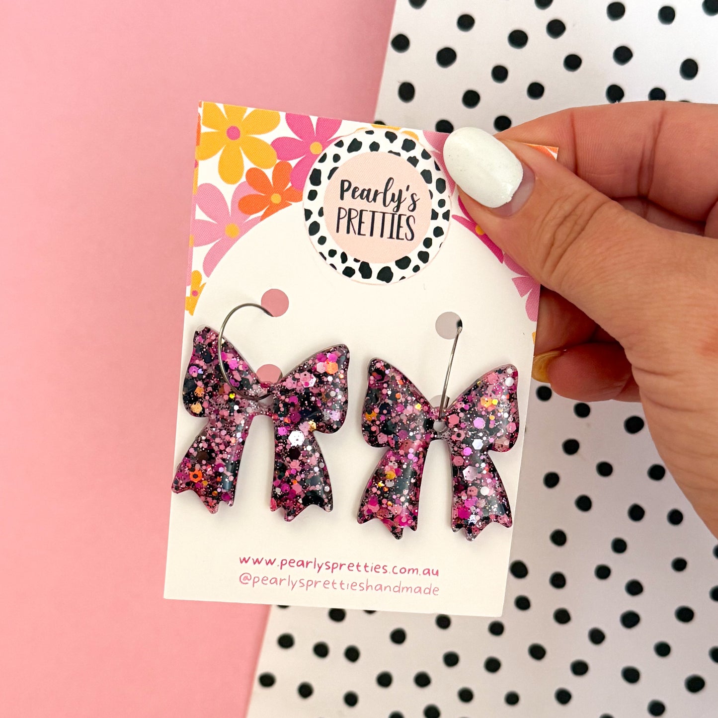 Bonnie Bow dangle hoop earrings-Black and pink sparkle