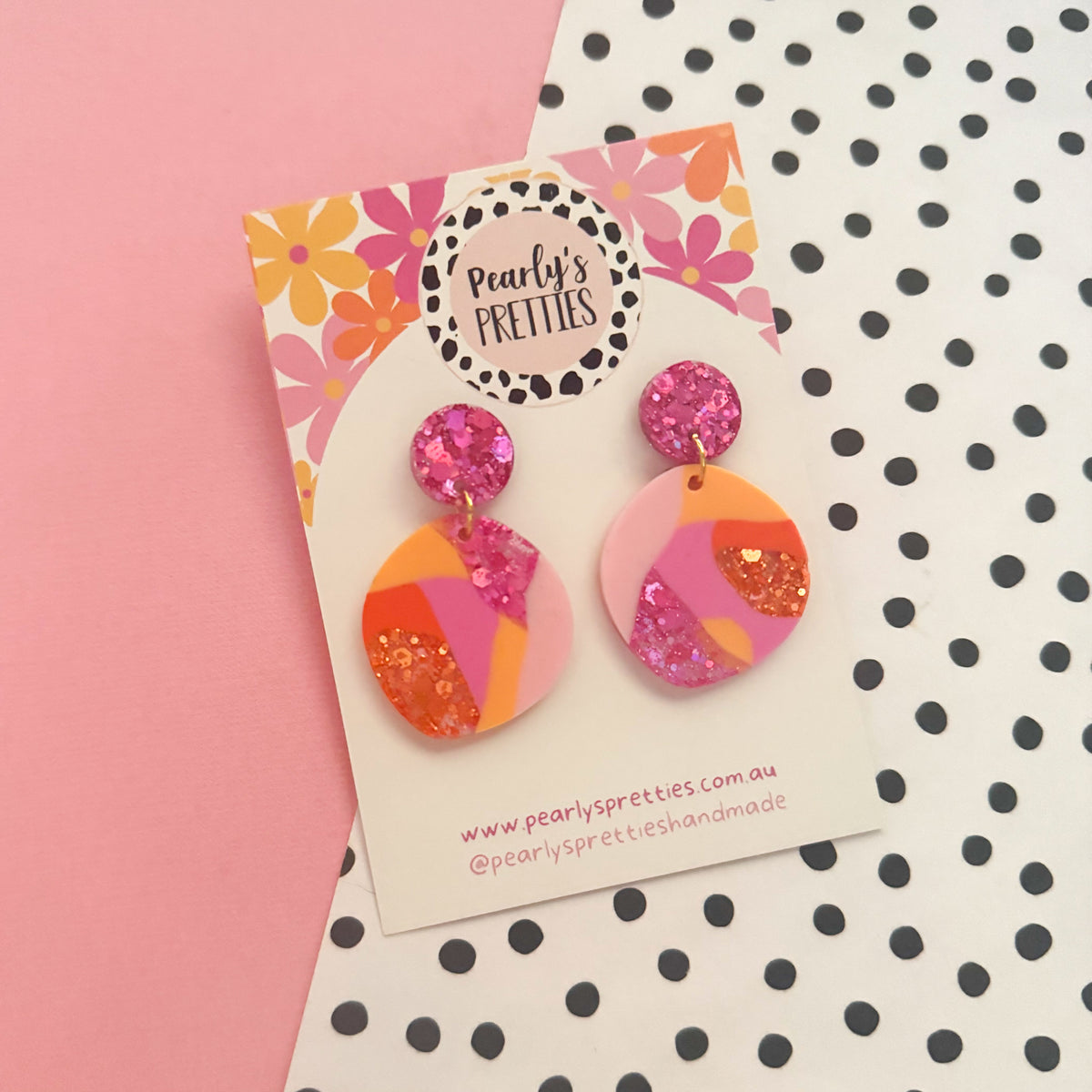 Organic circle stud top dangle earrings - Tropical Tango