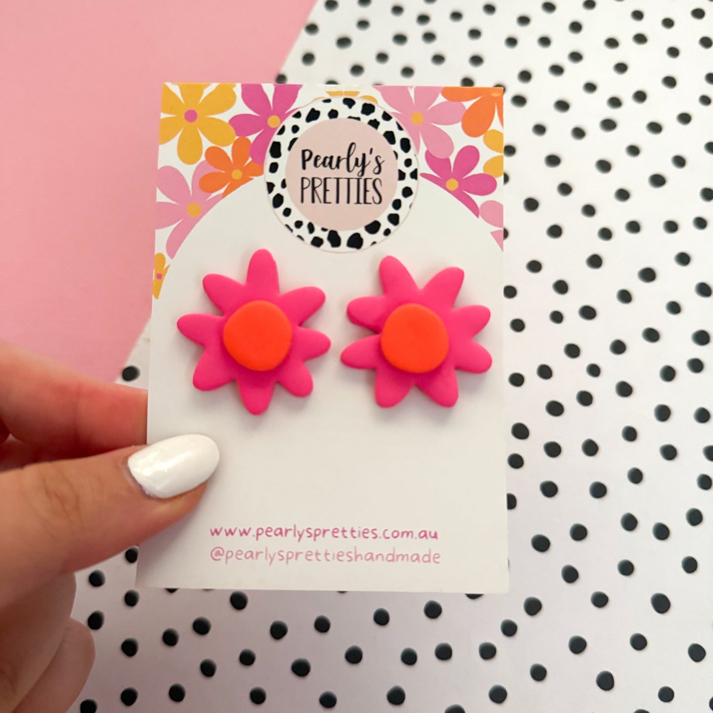 Daisy Daze Polymer Clay statement stud earrings - pink/orange