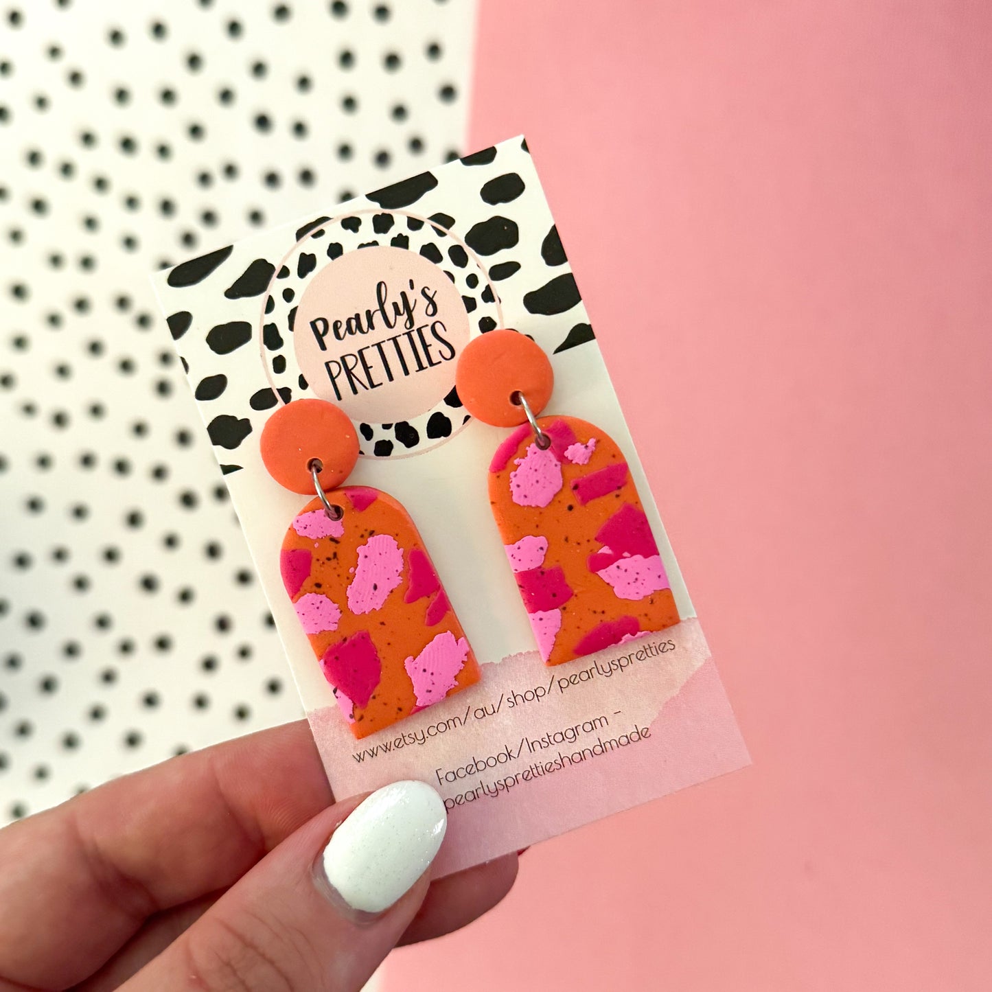 Dangle earrings 055 - Polymer Clay Pink and orange