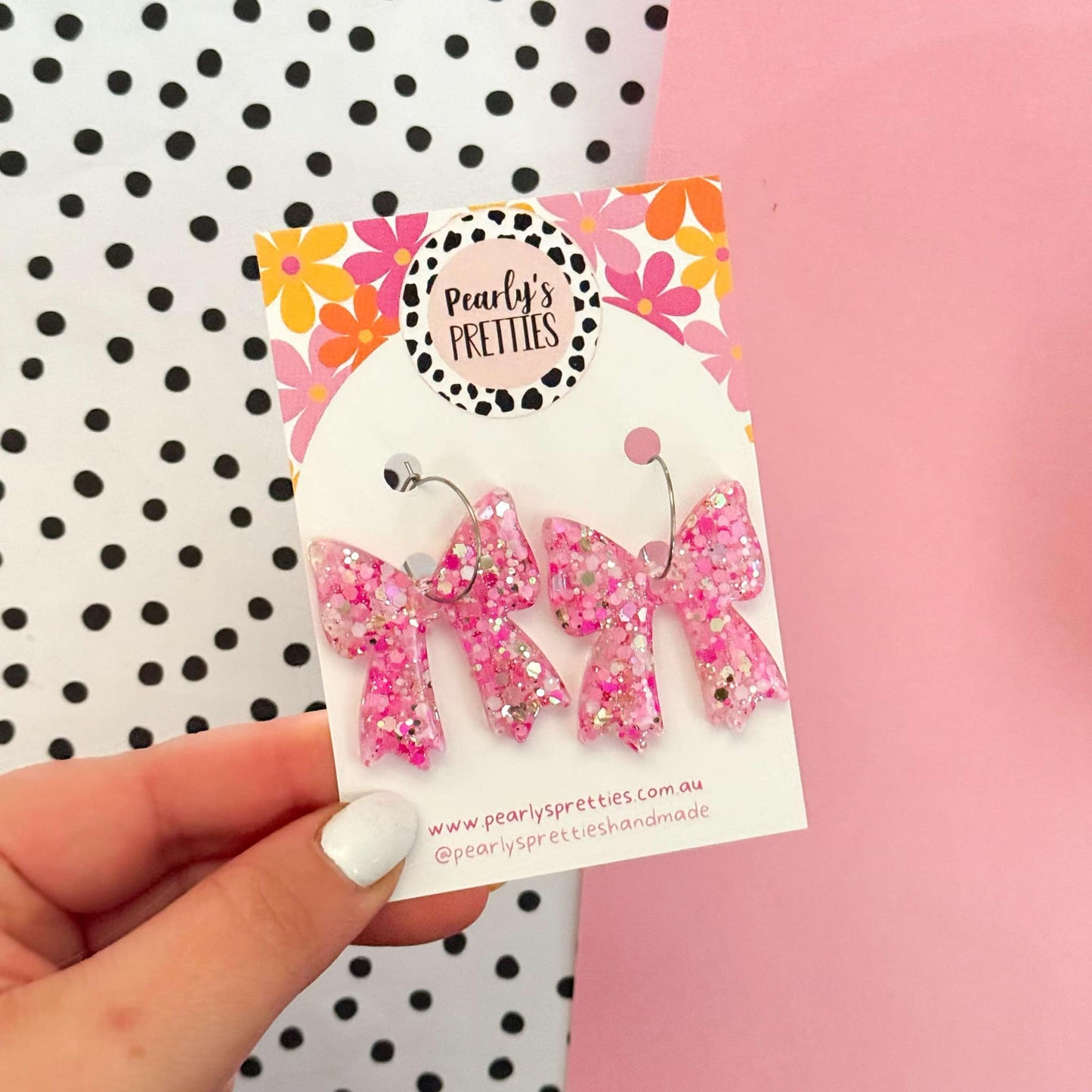 Bonnie Bow dangle hoop earrings-Pink sparkle