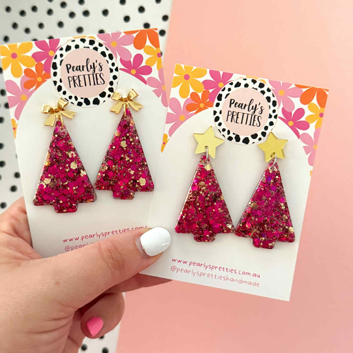 Magenta and gold Christmas tree dangle earrings- bow or star top