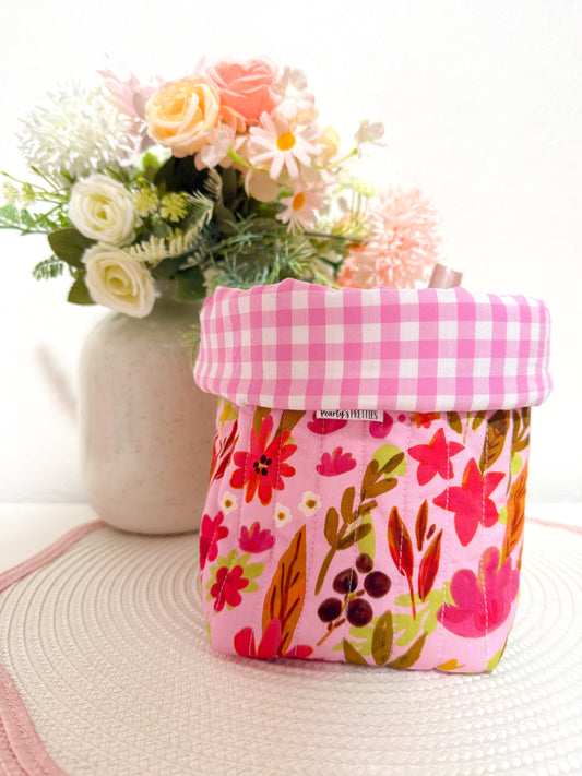 Puffy fabric bucket- vanity bucket Garden party/pink gingham