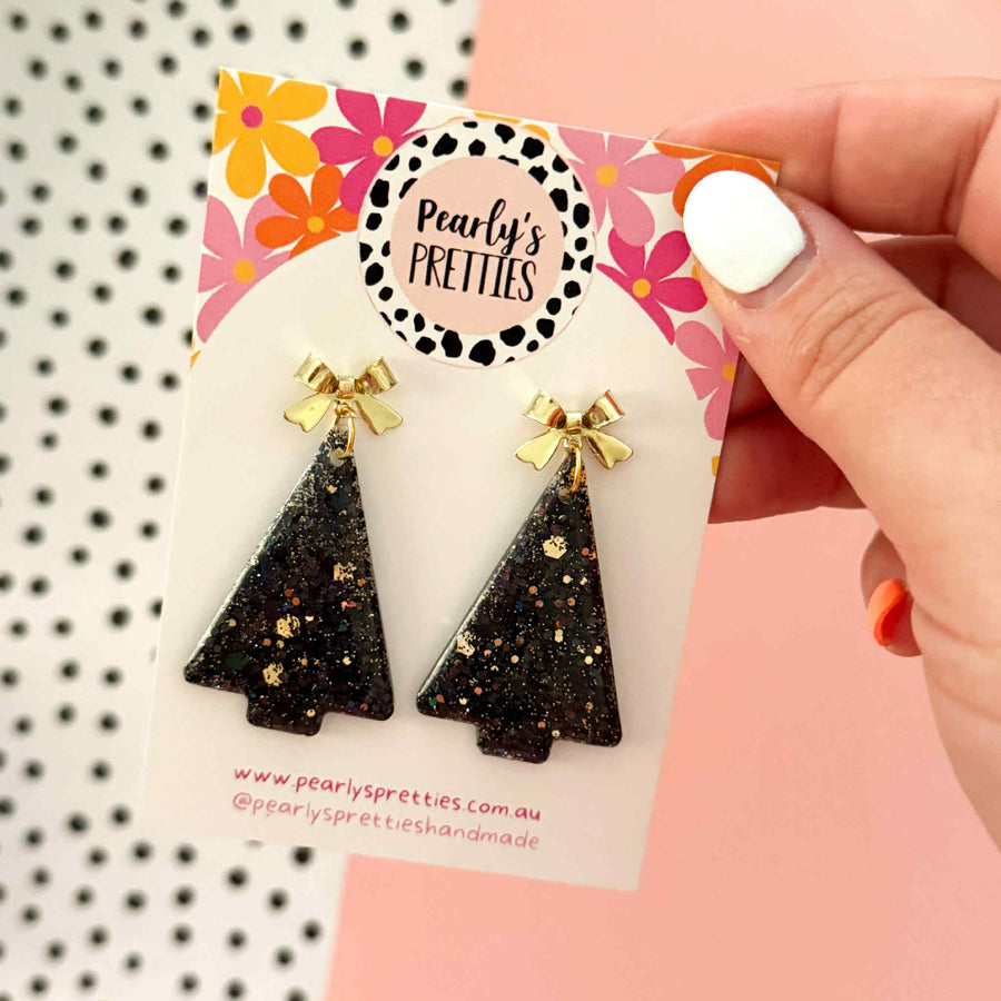 black and gold Christmas tree dangle earrings- bow top