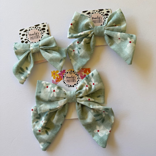 Fabric Bow Hair Clip | Handmade Hair Accessory – Small, Regular & Large - green floral gingham hairbow