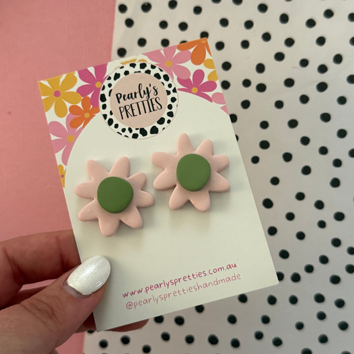 Daisy Daze Polymer Clay statement stud earrings - pale pink/olive