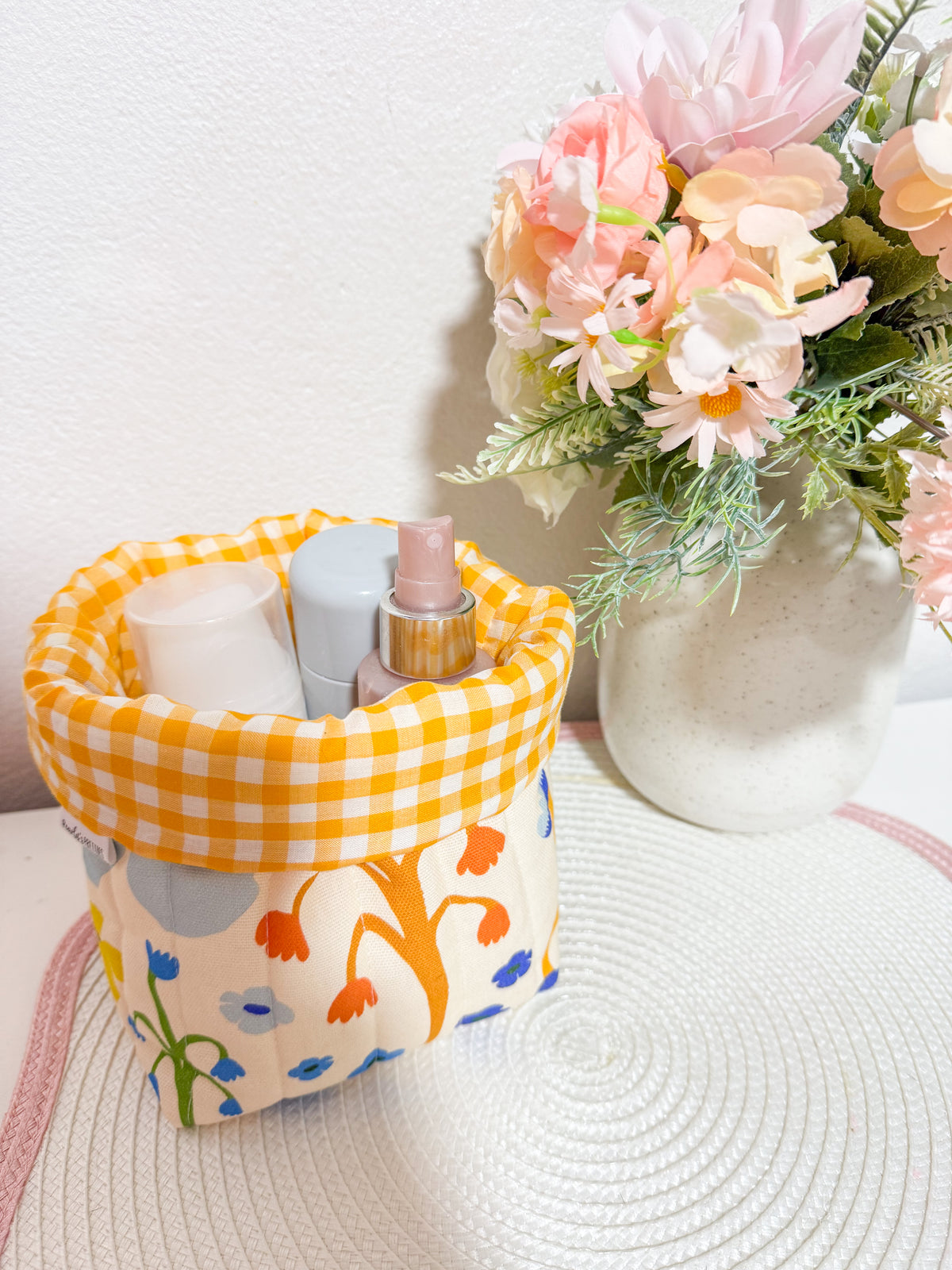 Puffy fabric bucket- vanity bucket Wildflower/yellow gingham