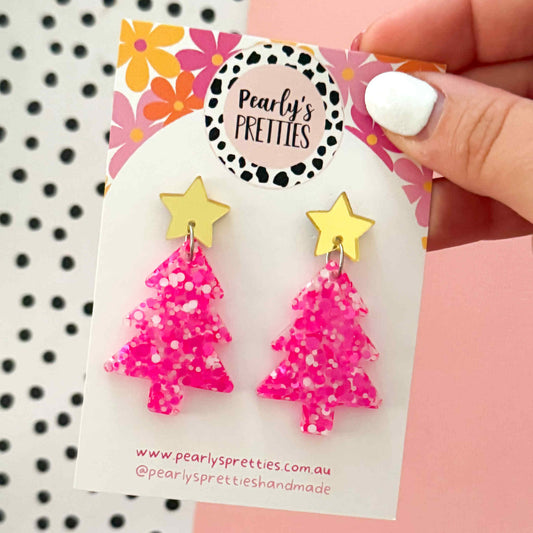 hot pink and white Christmas tree dangle earrings- star top