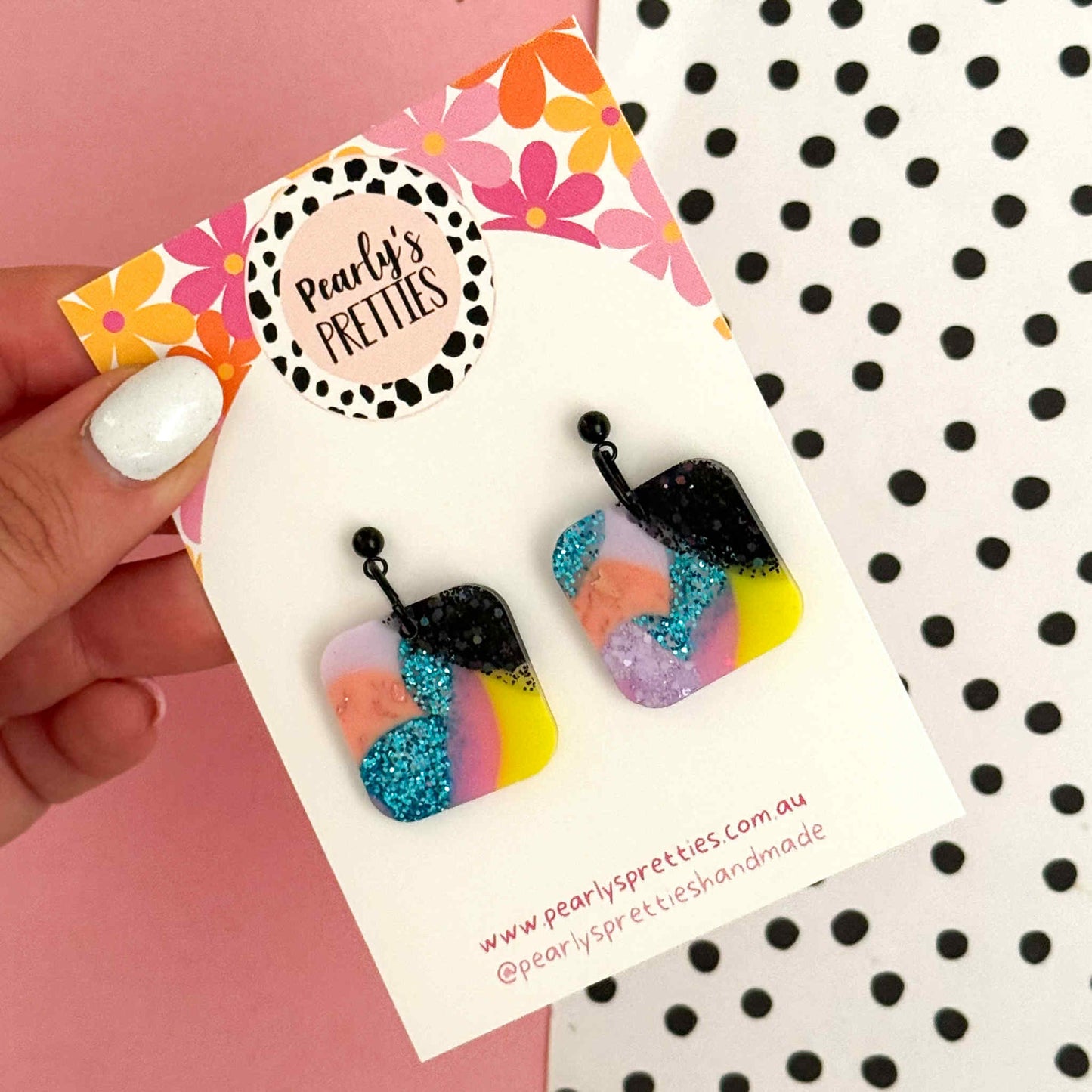 Square-ish ball top dangle earrings- Retro Remix- RR09