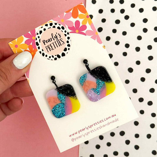 Square-ish ball top dangle earrings- Retro Remix- RR09