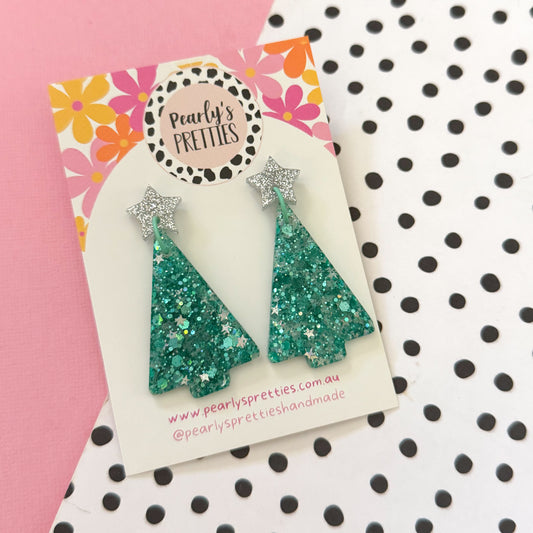 teal Christmas tree dangle earrings