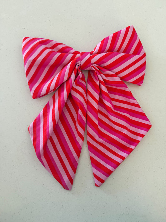 Decorative Fabric Holiday Bow- 'Merry' fabric - Pink and red stripe