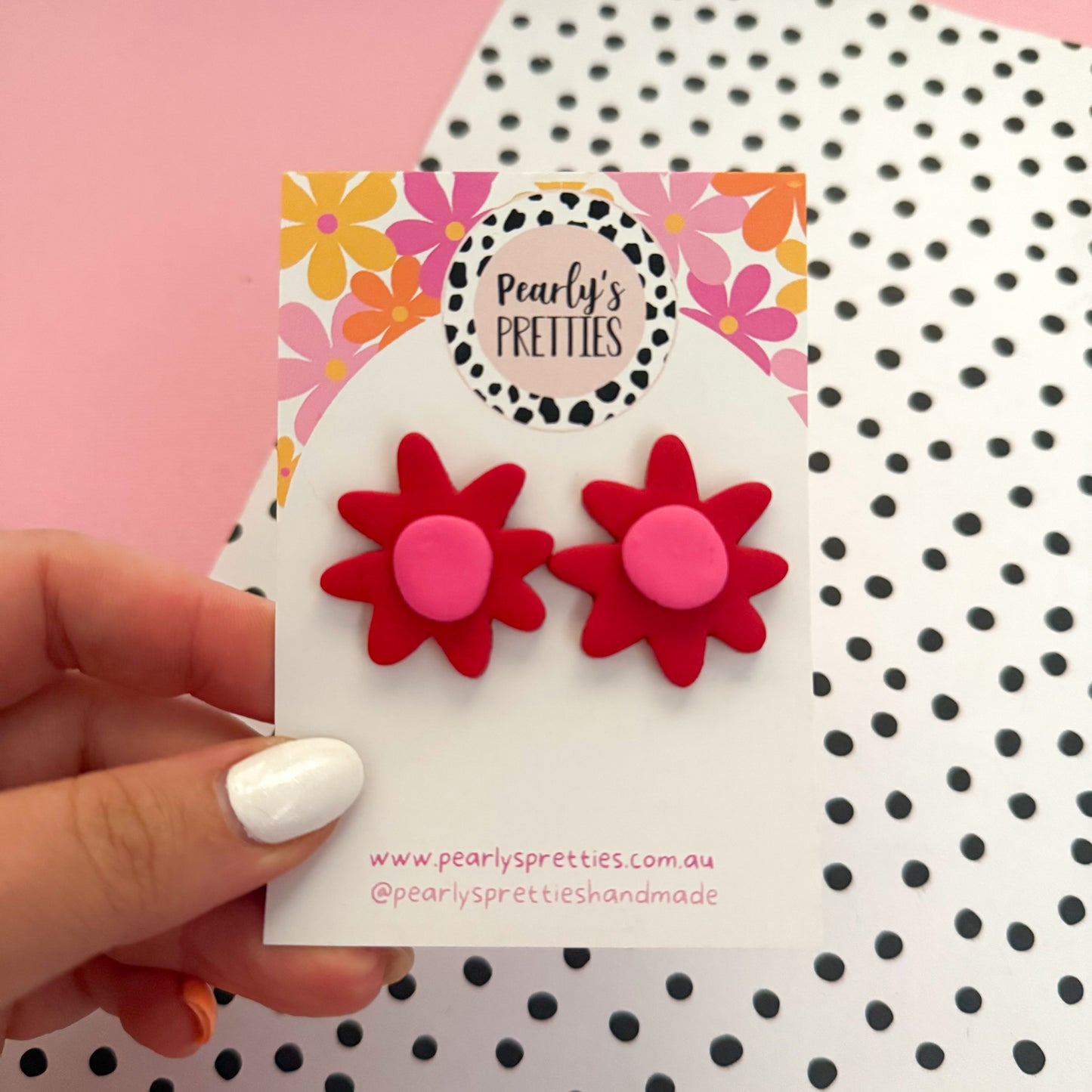 Daisy Daze Polymer Clay statement stud earrings - red/pink