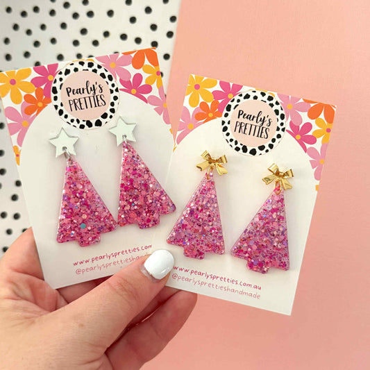 pink and purple Lover Christmas tree dangle earrings- bow or star top