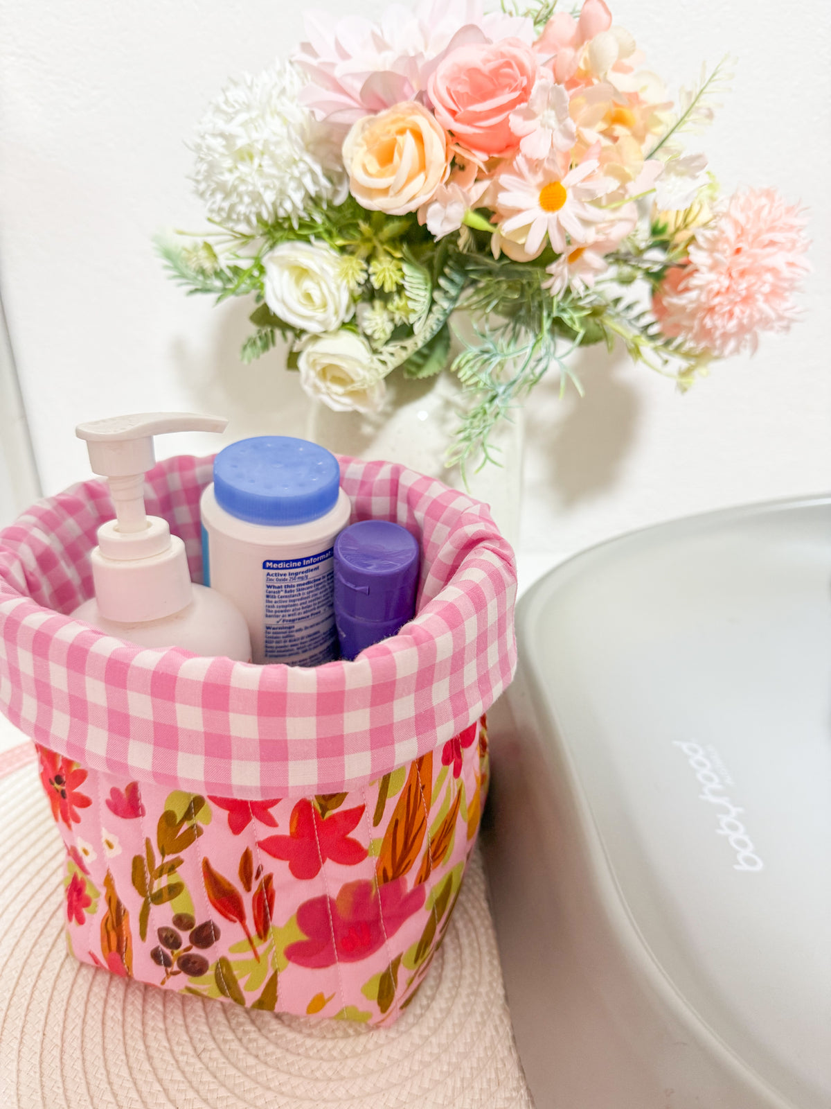 Puffy fabric bucket- vanity bucket Blossom pop/pink gingham