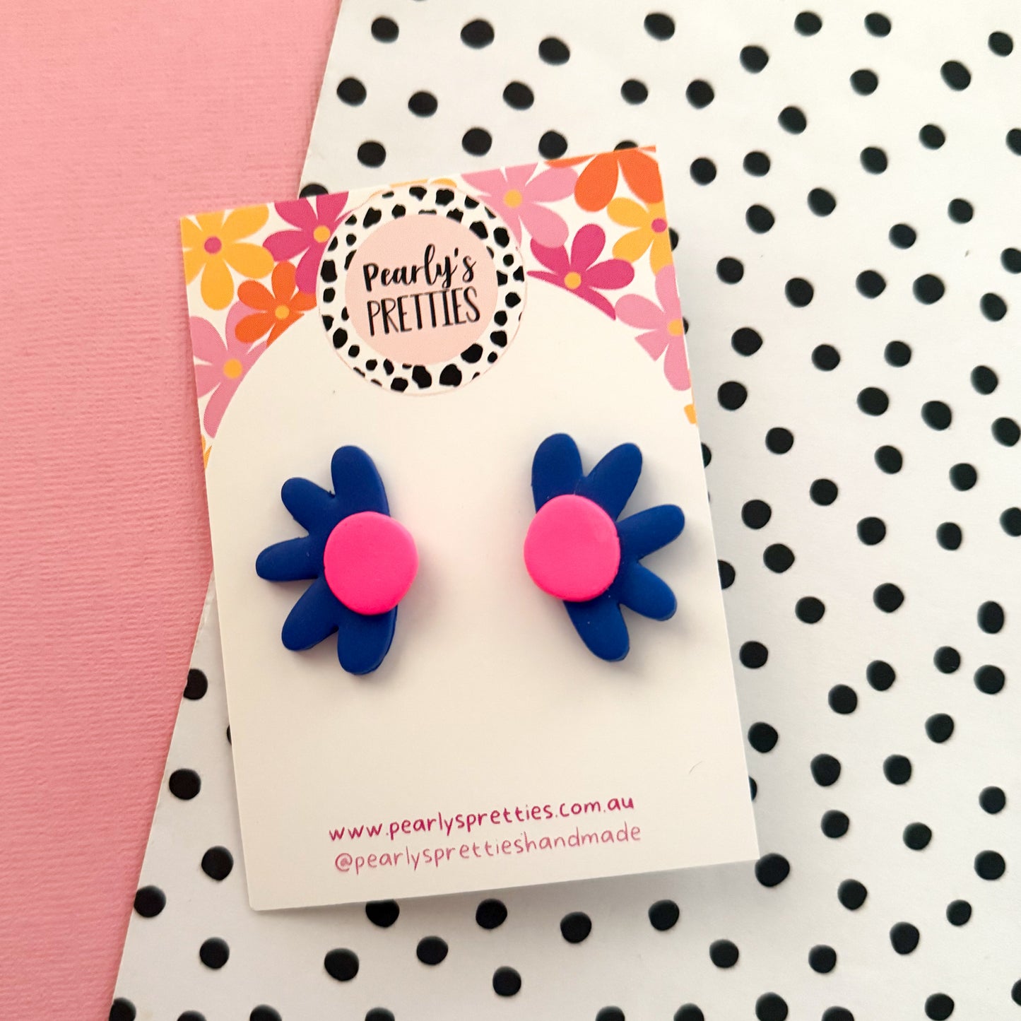Daisy Daze Polymer Clay statement Stud earring - Blue and Fluro pink