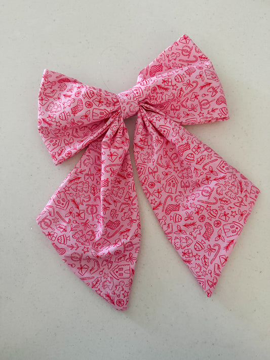 Decorative Fabric Holiday Bow- 'Festive things' fabric - Pink and red
