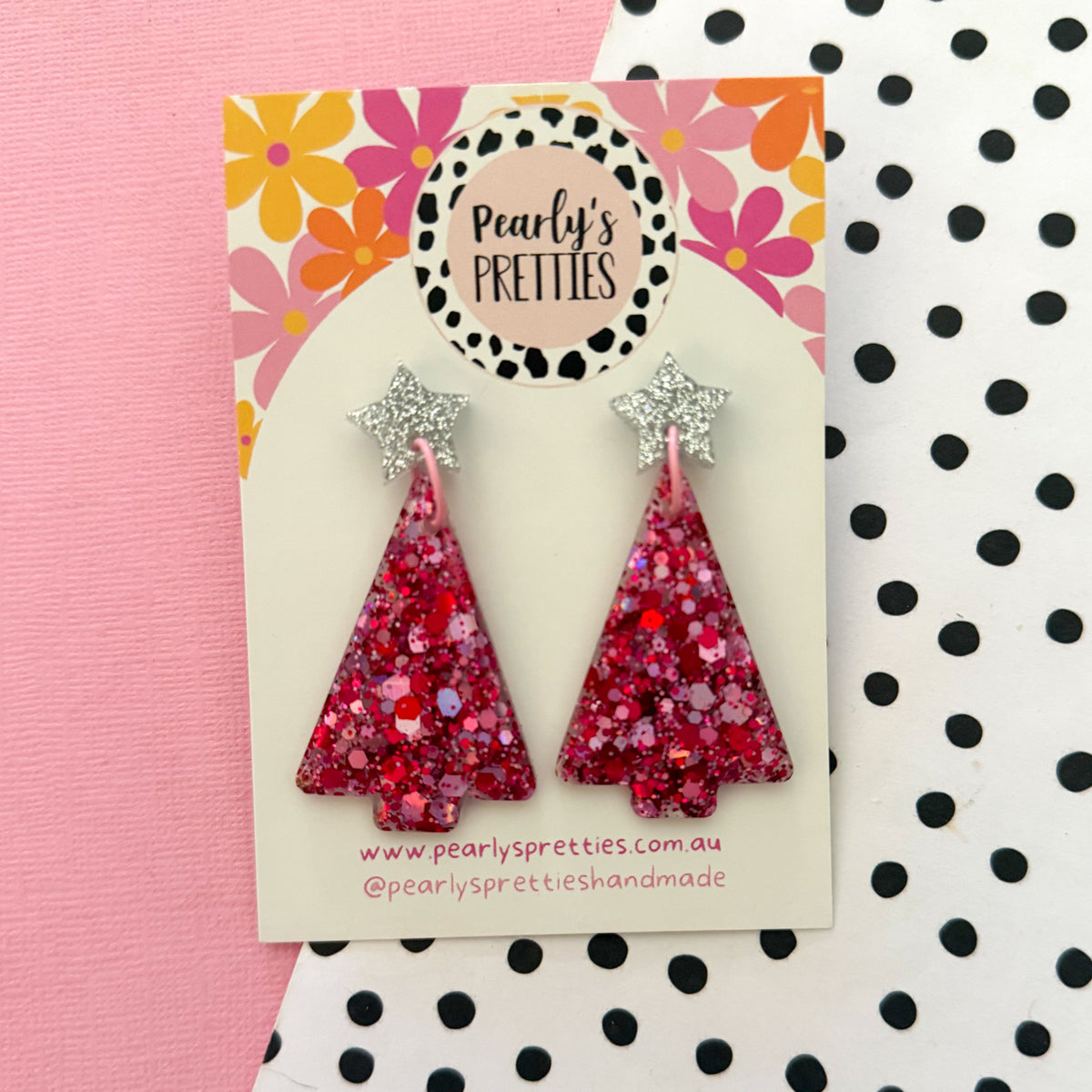 red and pink Christmas tree dangle earrings