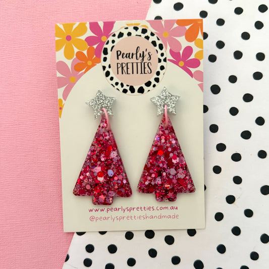 red and pink Christmas tree dangle earrings
