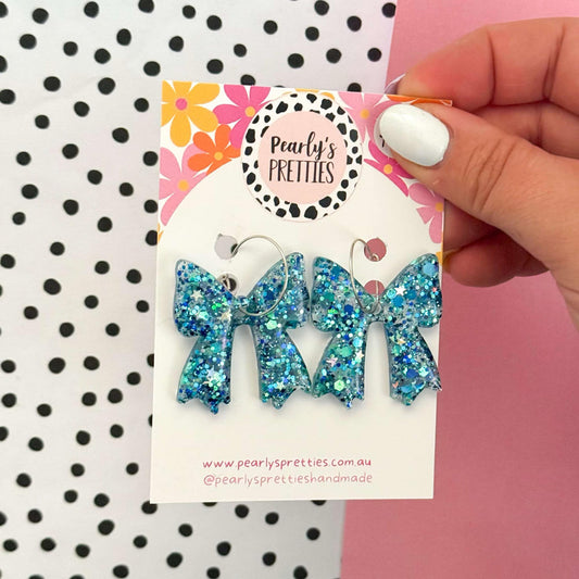 Bonnie Bow dangle hoop earrings- Blue sparkle