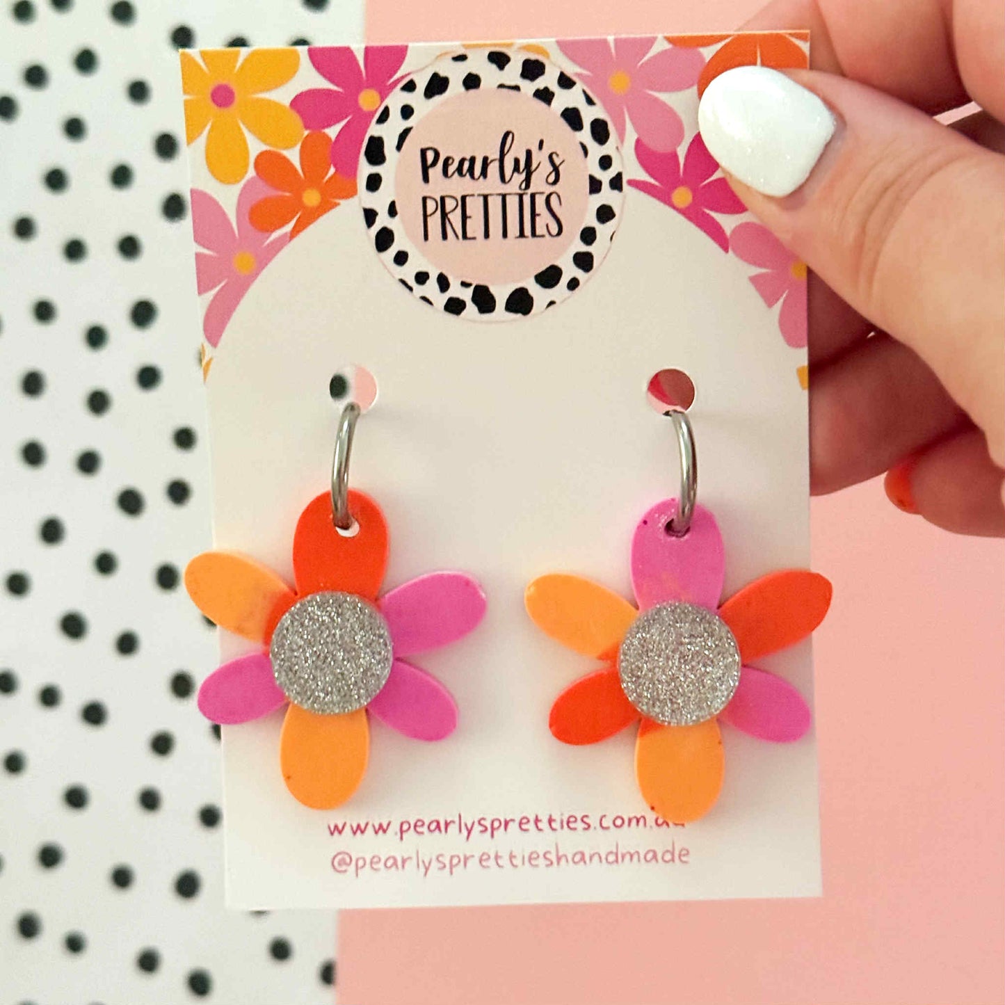 Huggie hoop  Flower earrings pink and orange