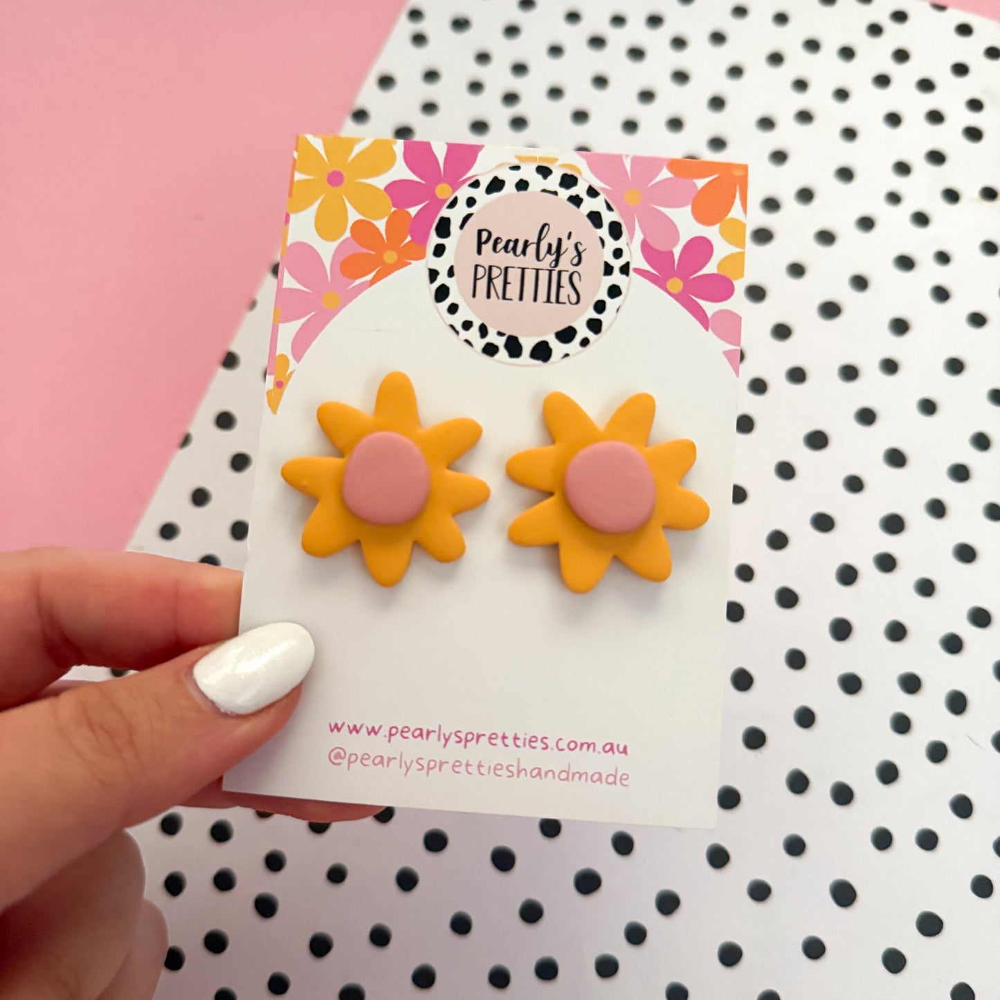 Daisy Daze Polymer Clay statement stud earrings - mustard/pale pink
