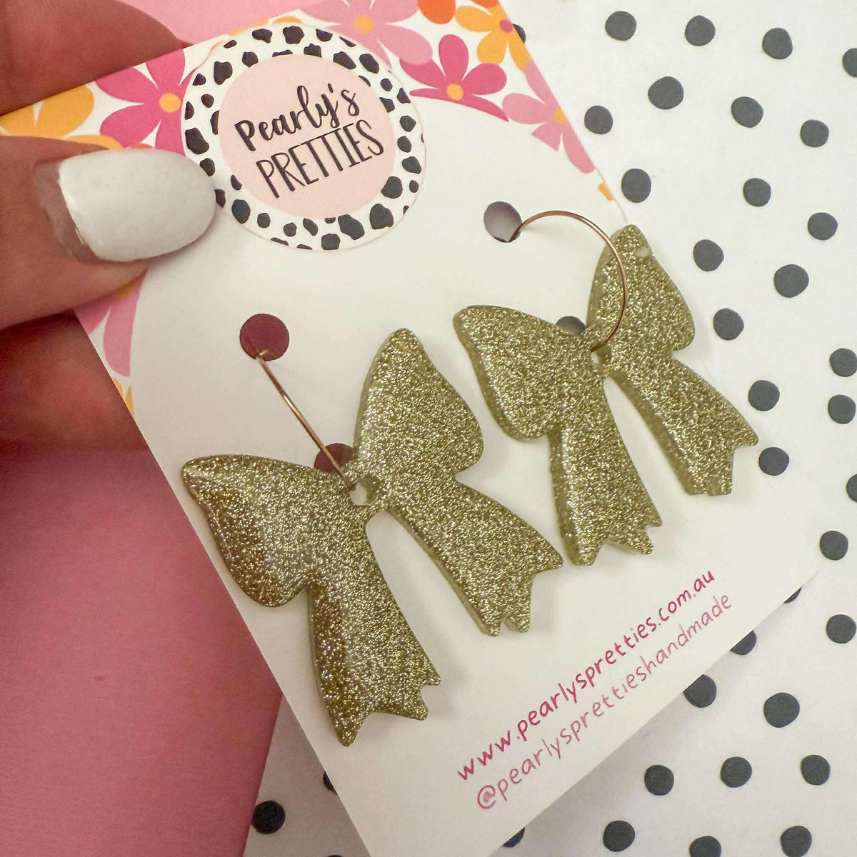 Bonnie Bow dangle hoop earrings gold fine glitter