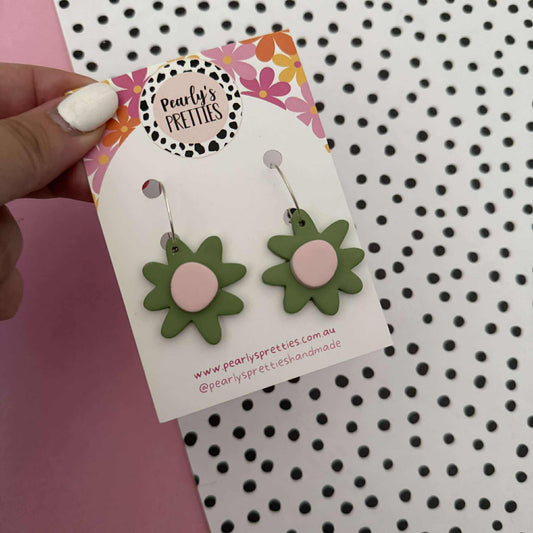 Daisy Daze Polymer Clay Dangle hoop earrings - Olive green and pale pink