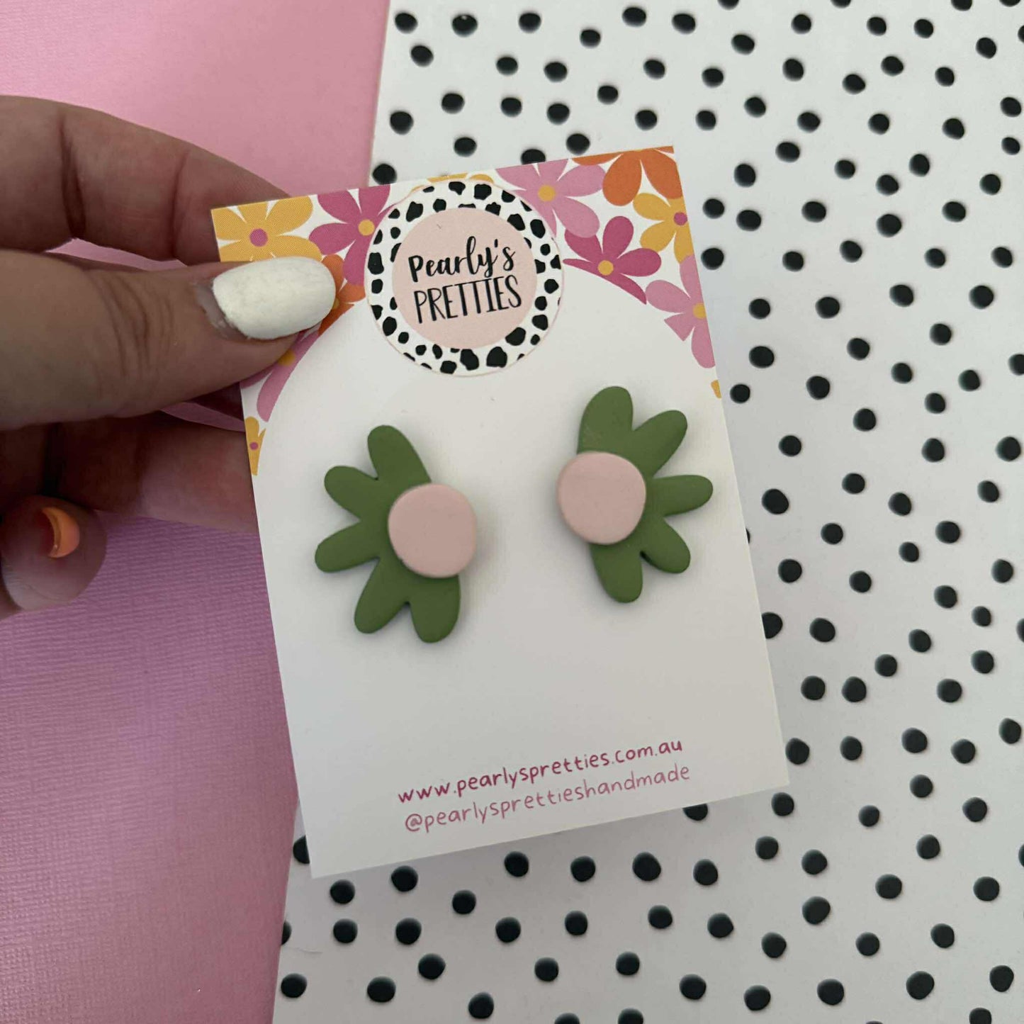 Daisy Daze Polymer Clay statement Stud earring - Olive green/pale pink