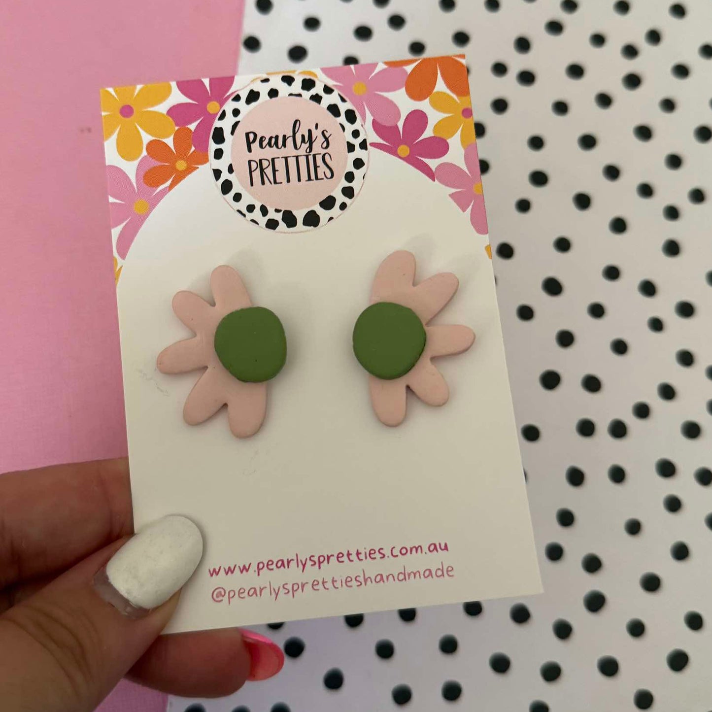 Daisy Daze Polymer Clay statement Stud earring - Pale pink/Olive green