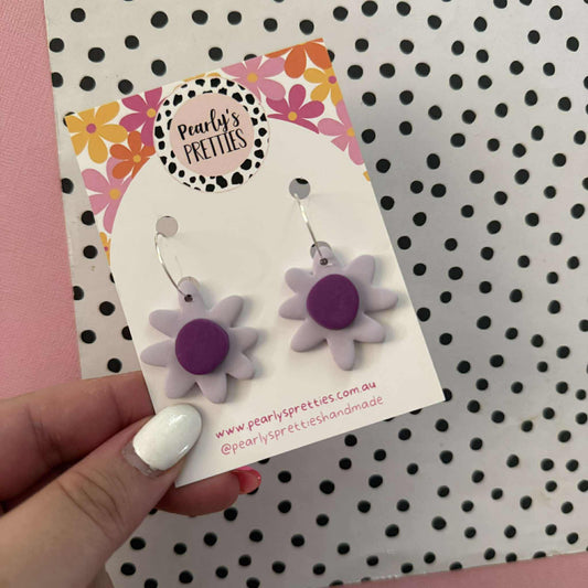 Daisy Daze Polymer Clay Dangle hoop earrings - Lilac and dark purple