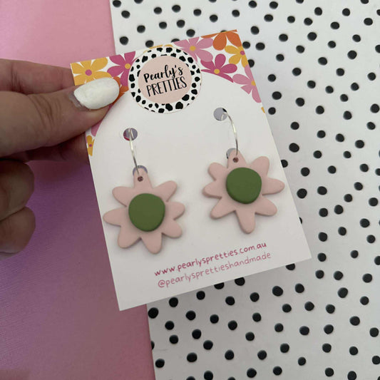 Daisy Daze Polymer Clay Dangle hoop earrings - Pale pink and olive green