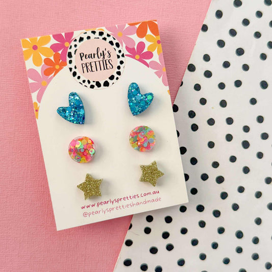 3 pack studs- Brights heart, circle, star design