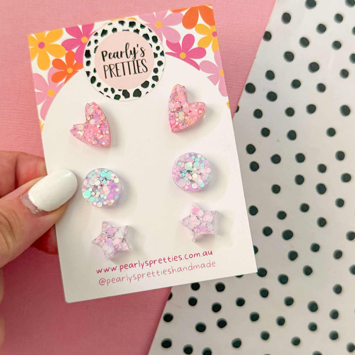 3 pack studs- Pastel heart,circle, star design