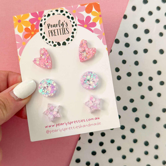 3 pack studs- Pastel heart,circle, star design
