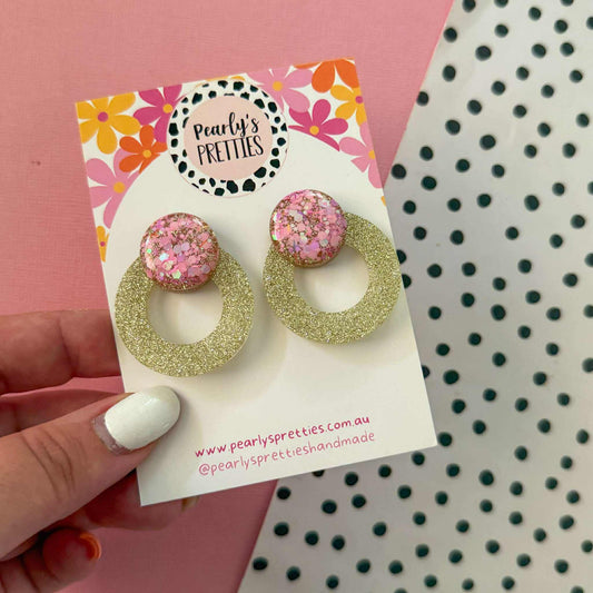Loopty loo Stud earrings- Gold and pink glitter sparkle statement stud earrings