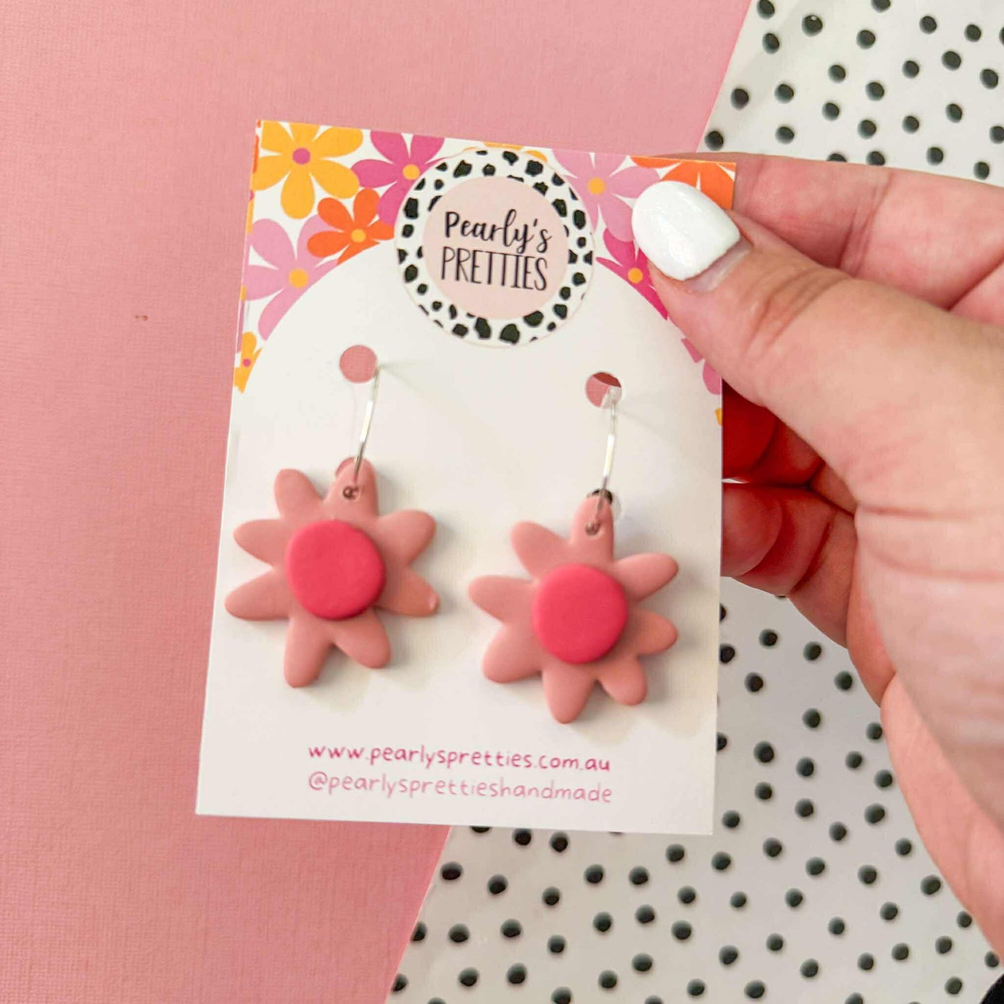 Daisy Daze Polymer Clay Dangle hoop earrings - Dusty pink/Dark pink