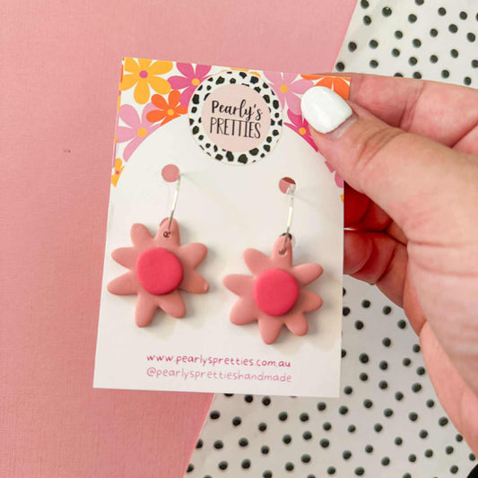 Daisy Daze Polymer Clay Dangle hoop earrings - Dusty pink/Dark pink