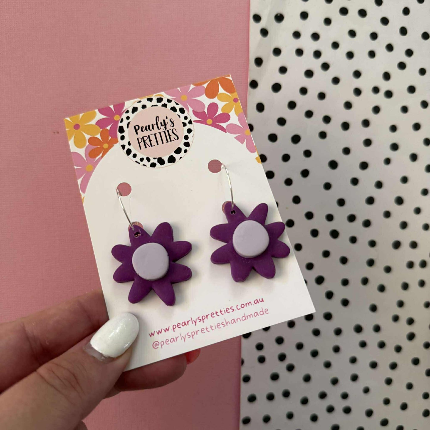 Daisy Daze Polymer Clay Dangle hoop earrings - Dark purple/Lilac